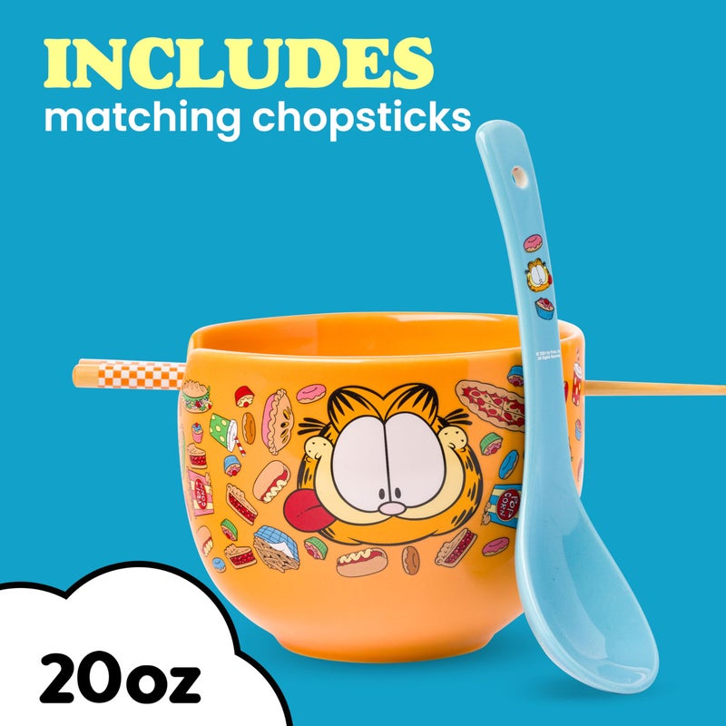 Silver Buffalo garfield Hungry Junk Food Ceramic Ramen Noodle Rice Bowl with Chopsticks and Spoon, Microwave Safe, 20 Ounces - Image 3