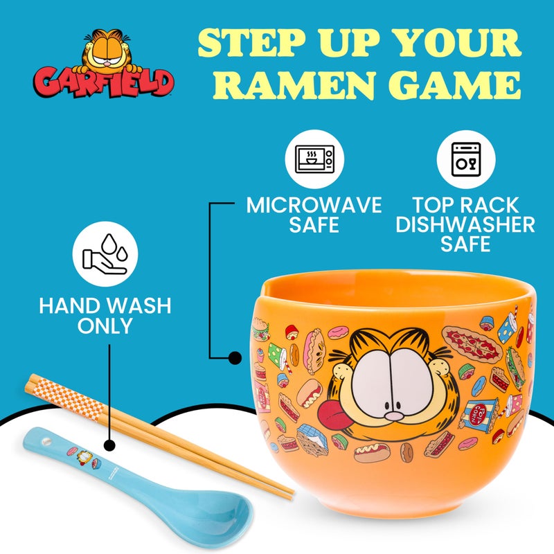 Silver Buffalo garfield Hungry Junk Food Ceramic Ramen Noodle Rice Bowl with Chopsticks and Spoon, Microwave Safe, 20 Ounces - Image 2
