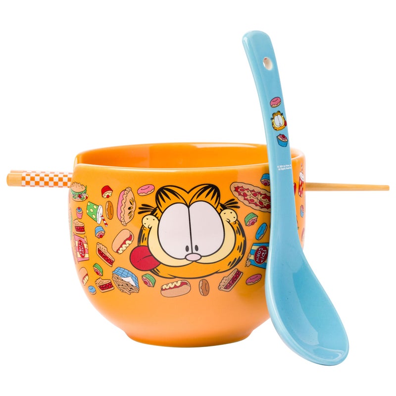 Silver Buffalo garfield Hungry Junk Food Ceramic Ramen Noodle Rice Bowl with Chopsticks and Spoon, Microwave Safe, 20 Ounces - Image 1