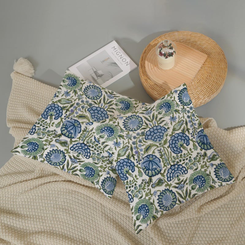 DAFENA Boho Navy Blue Pillow Covers 18x18 Inch 2 Pcs Sage Green Vintage Floral Decor Throw Pillows Spring Flower Summer Outdoor Farmhouse Decoration Pillowcase Cushion Cover for Couch Sofa Bed - Image 5
