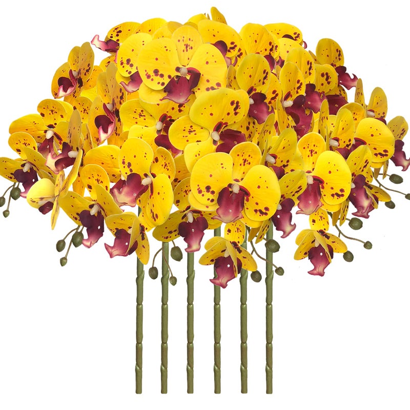 FagusHome 32 Inch Artificial Phalaenopsis Flowers 6 Pcs Artificial Orchid Flowers Stem Plants for Home Dcor Yellow Piebald