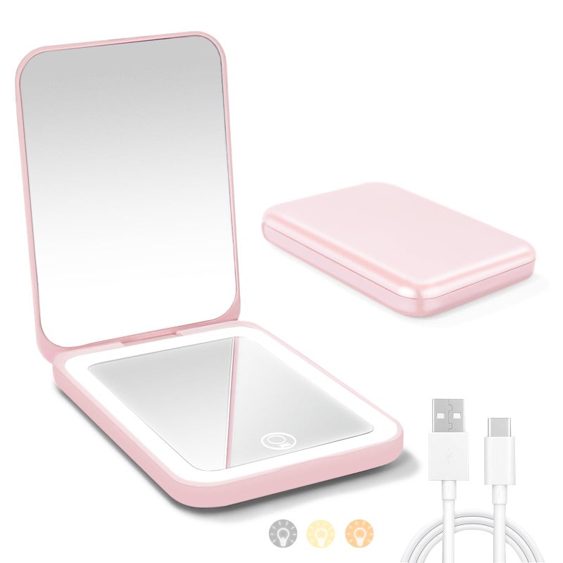 Milishow LED Compact Mirror with Light, Double Sided 1X/2X Magnification, 3 Color Dimmable Lights, USB Rechargeable, Portable Travel Makeup Mirror for Purse, for Women - Image 1