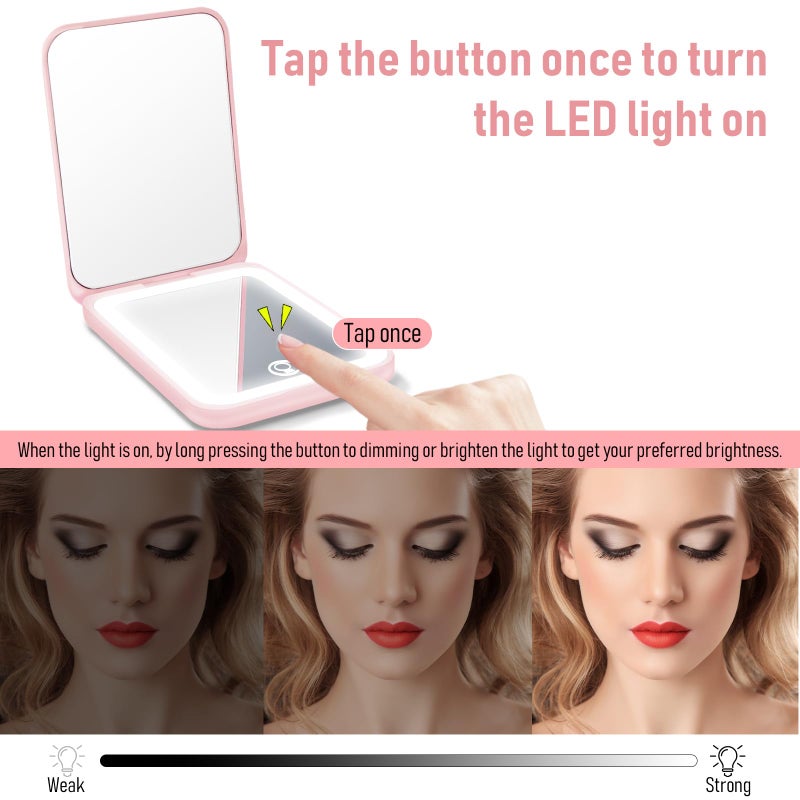 Milishow LED Compact Mirror with Light, Double Sided 1X/2X Magnification, 3 Color Dimmable Lights, USB Rechargeable, Portable Travel Makeup Mirror for Purse, for Women - Image 5