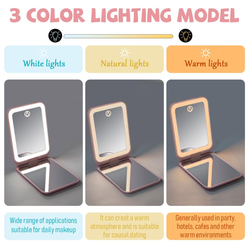 Milishow LED Compact Mirror with Light, Double Sided 1X/2X Magnification, 3 Color Dimmable Lights, USB Rechargeable, Portable Travel Makeup Mirror for Purse, for Women - Image 4