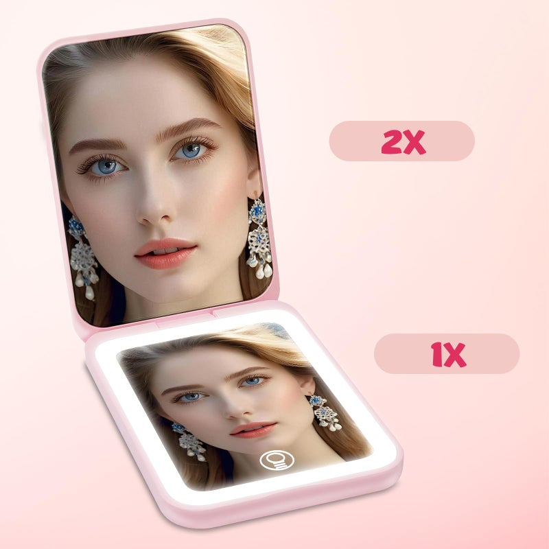 Milishow LED Compact Mirror with Light, Double Sided 1X/2X Magnification, 3 Color Dimmable Lights, USB Rechargeable, Portable Travel Makeup Mirror for Purse, for Women - Image 3