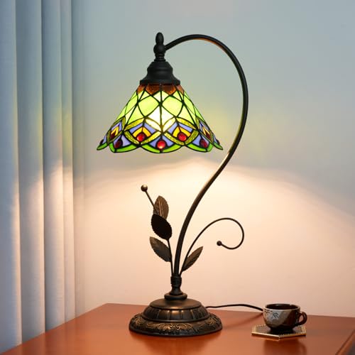 Blivuself Tiffany Table Lamp Green Peacock Tail Stained Glass Lamp Tiffany Style S Leaves Vintage Desk Light for Bedside Living Room Office Dormitory Dining Room - Image 3