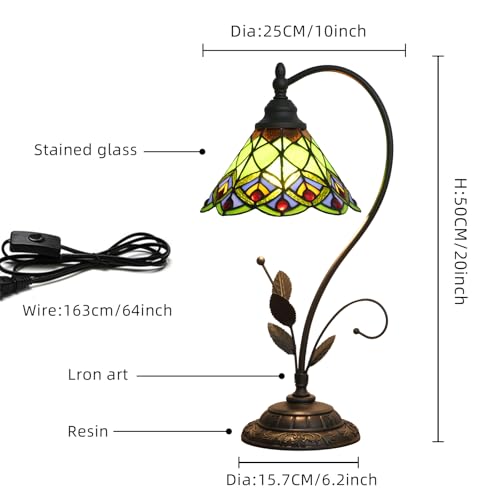Blivuself Tiffany Table Lamp Green Peacock Tail Stained Glass Lamp Tiffany Style S Leaves Vintage Desk Light for Bedside Living Room Office Dormitory Dining Room - Image 5