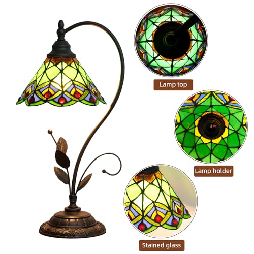 Blivuself Tiffany Table Lamp Green Peacock Tail Stained Glass Lamp Tiffany Style S Leaves Vintage Desk Light for Bedside Living Room Office Dormitory Dining Room - Image 4