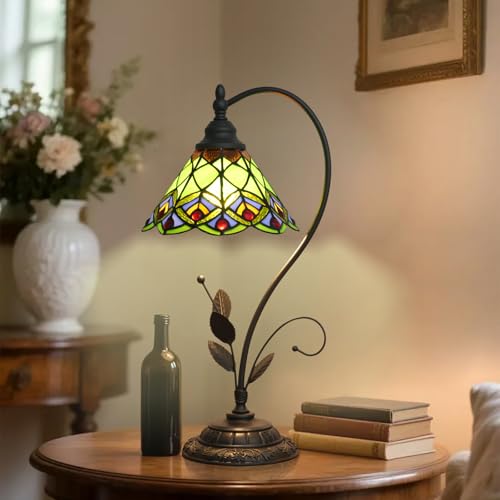 Blivuself Tiffany Table Lamp Green Peacock Tail Stained Glass Lamp Tiffany Style S Leaves Vintage Desk Light for Bedside Living Room Office Dormitory Dining Room - Image 2