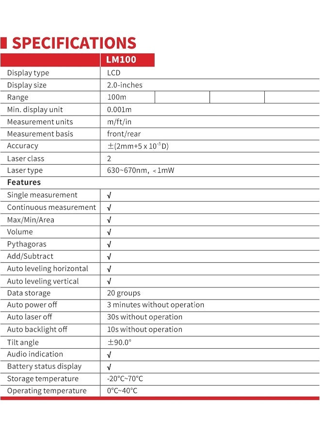 UNI-T متر مسافة ليزر بالأشعة تحت الحمراء عالي الدقة Uni-T 100 مسطرة رقمية مع مستوى مادي وإلكتروني متعدد الوظائف محترف باللون الأحمر Lm100 - Image 5