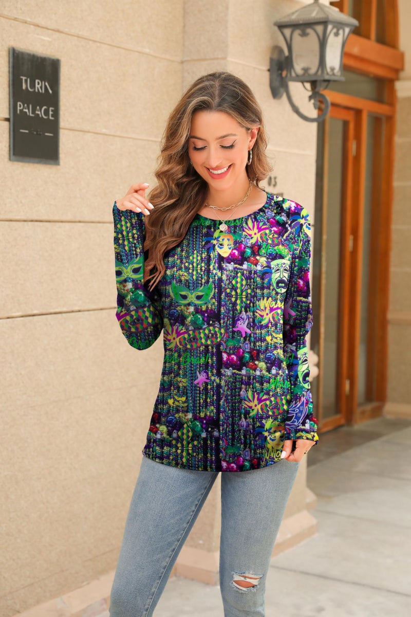 FASHGL Mardi Gras Shirts Women Tuesday Shirt Mask Graphic Tees Carnival Themed Tshirt Long Sleeve Party Womens Tops - Image 4