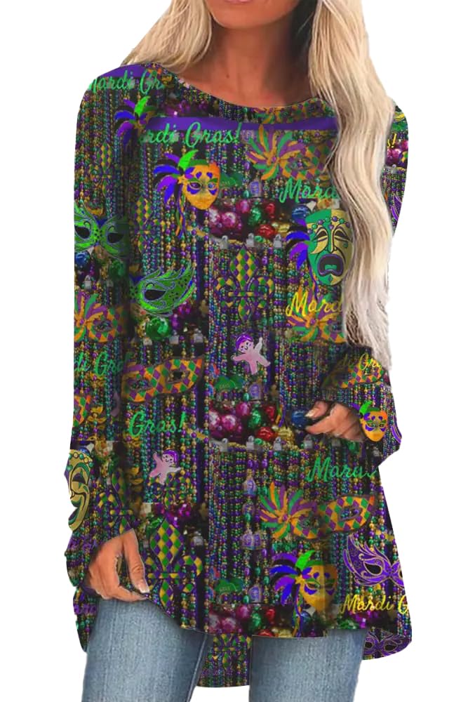 FASHGL Mardi Gras Shirts Women Tuesday Shirt Mask Graphic Tees Carnival Themed Tshirt Long Sleeve Party Womens Tops - Image 1