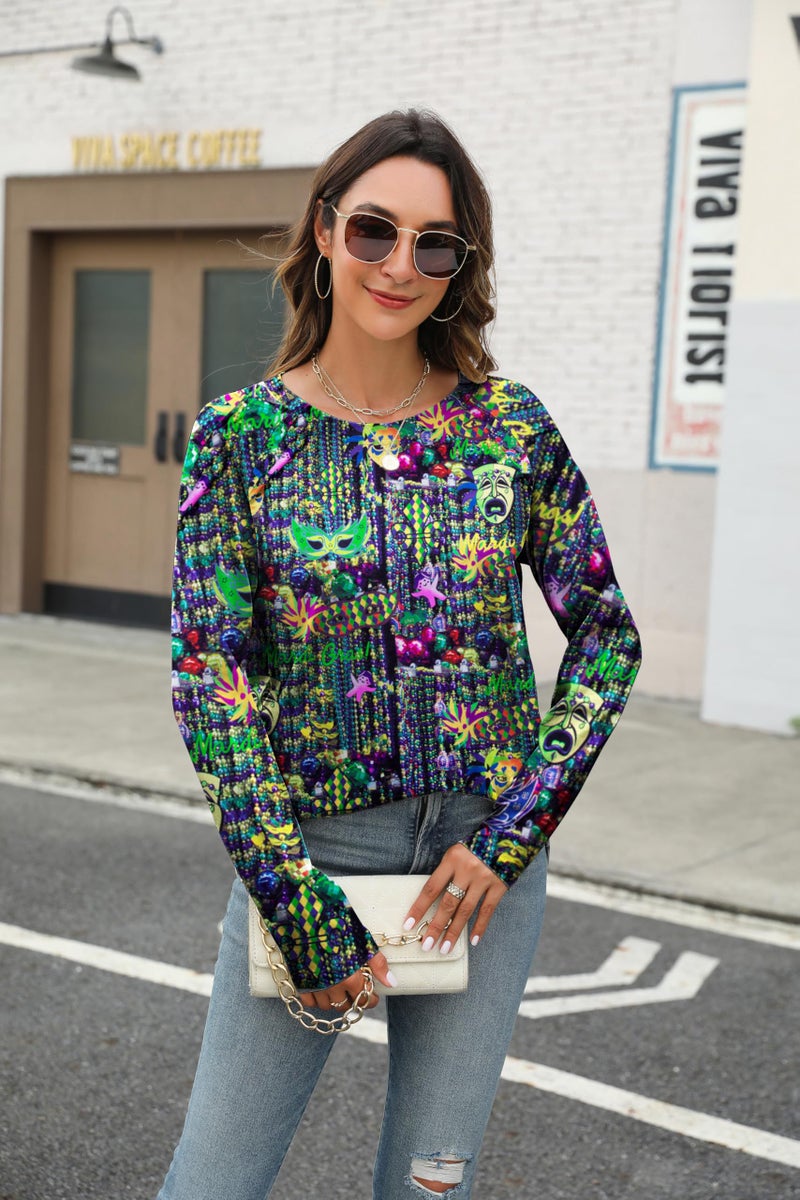 FASHGL Mardi Gras Shirts Women Tuesday Shirt Mask Graphic Tees Carnival Themed Tshirt Long Sleeve Party Womens Tops - Image 2