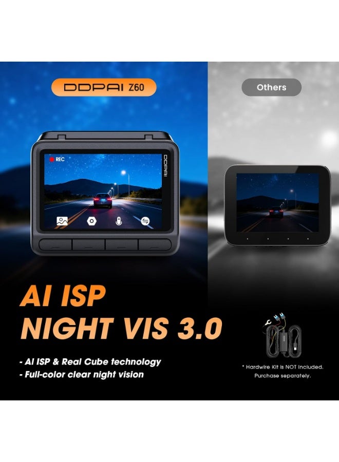 DDPAI Z60 2026 4K+1080P Dash Cam for Cars Front and Rear Dual HDR, 5G WiFi6, 2K/60FPS, 3" IPS, GPS, AI ISP Night Vision, 24H Parking Monitor, ADAS, G-Sensor, Max Support 512G - Image 2