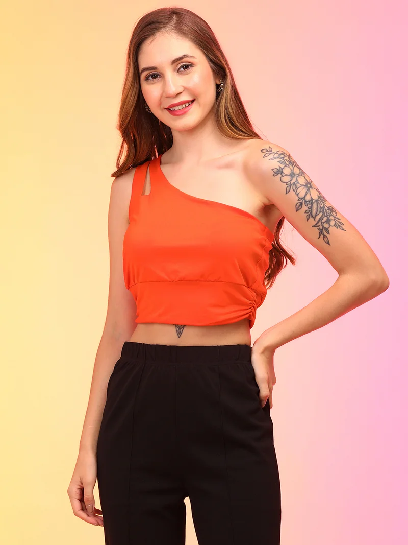Women Orange One Shoulder Crop Top
