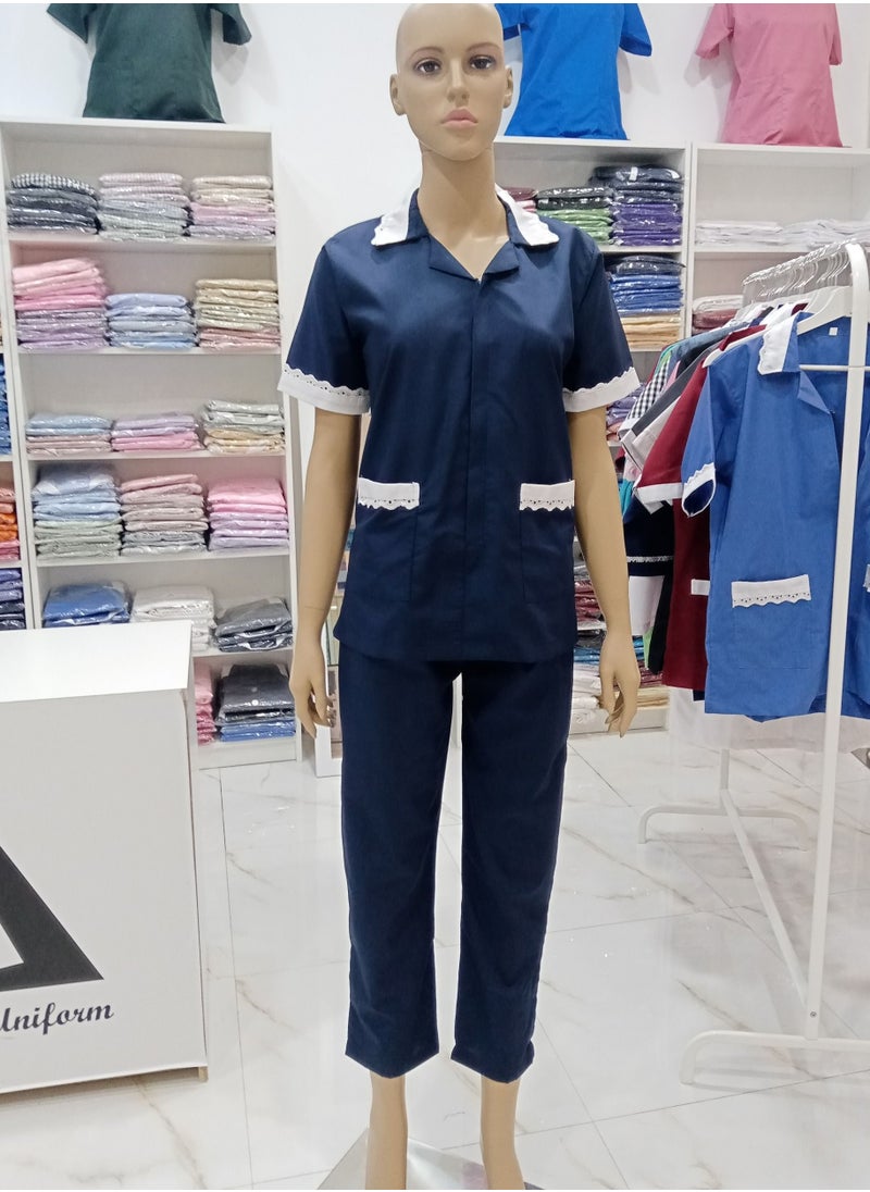 Rannah's Closet Maid Uniform with Zipper Top and Pants Navy Domestic Helper Uniform  - Image 4