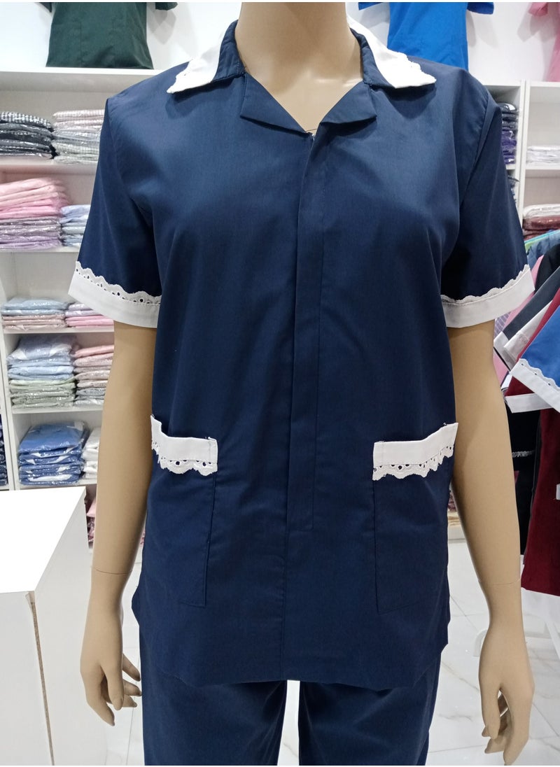 Rannah's Closet Maid Uniform with Zipper Top and Pants Navy Domestic Helper Uniform  - Image 3