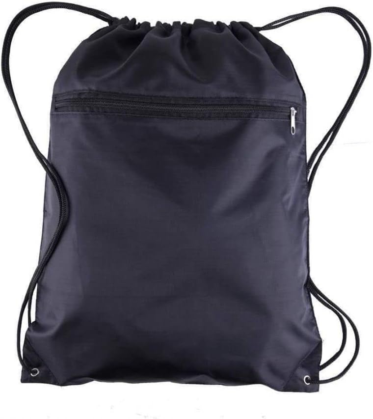 TBF 12 Pack Set of 12 Durable Polyester Drawstring Backpack Bags with Front Zipper Pocket 15 W x 18 H Black - Image 1