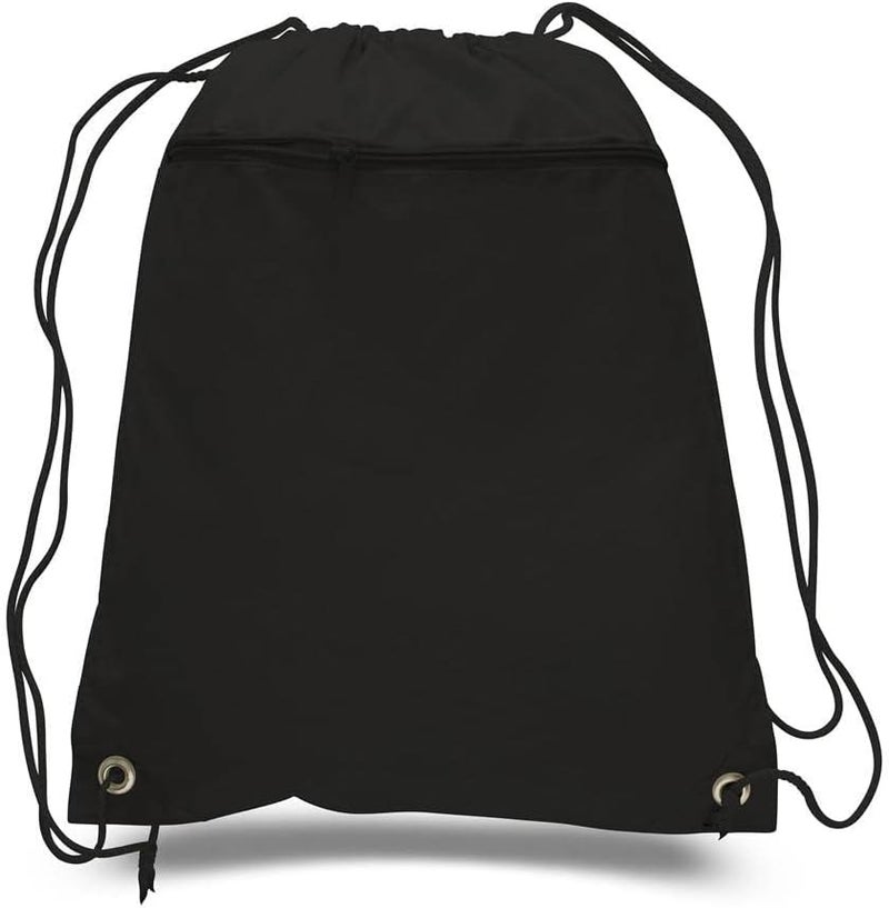 TBF 12 Pack Set of 12 Durable Polyester Drawstring Backpack Bags with Front Zipper Pocket 15 W x 18 H Black - Image 2