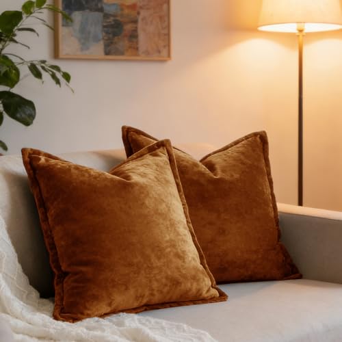 COCOPLOCEUS Luxurious Velvet Euro Shams Decorative Throw Pillow Covers 26x26 Set of 2 Solid Square Euro Pillow Shams for Sofa Couch Bedroom, Caramel - Image 1