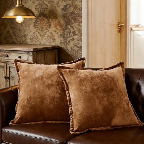 COCOPLOCEUS Luxurious Velvet Euro Shams Decorative Throw Pillow Covers 26x26 Set of 2 Solid Square Euro Pillow Shams for Sofa Couch Bedroom, Caramel - Image 4