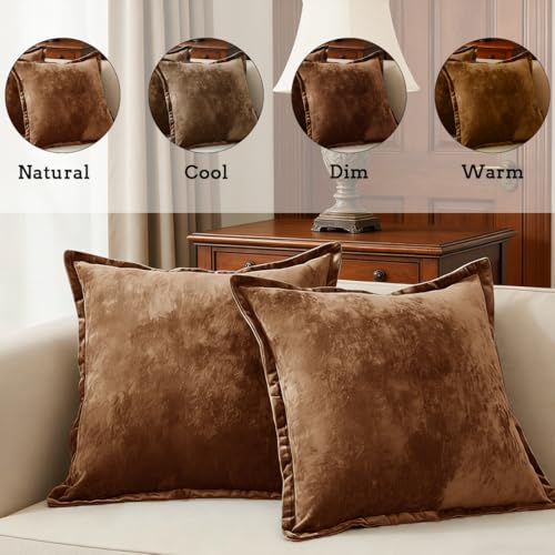 COCOPLOCEUS Luxurious Velvet Euro Shams Decorative Throw Pillow Covers 26x26 Set of 2 Solid Square Euro Pillow Shams for Sofa Couch Bedroom, Caramel - Image 2