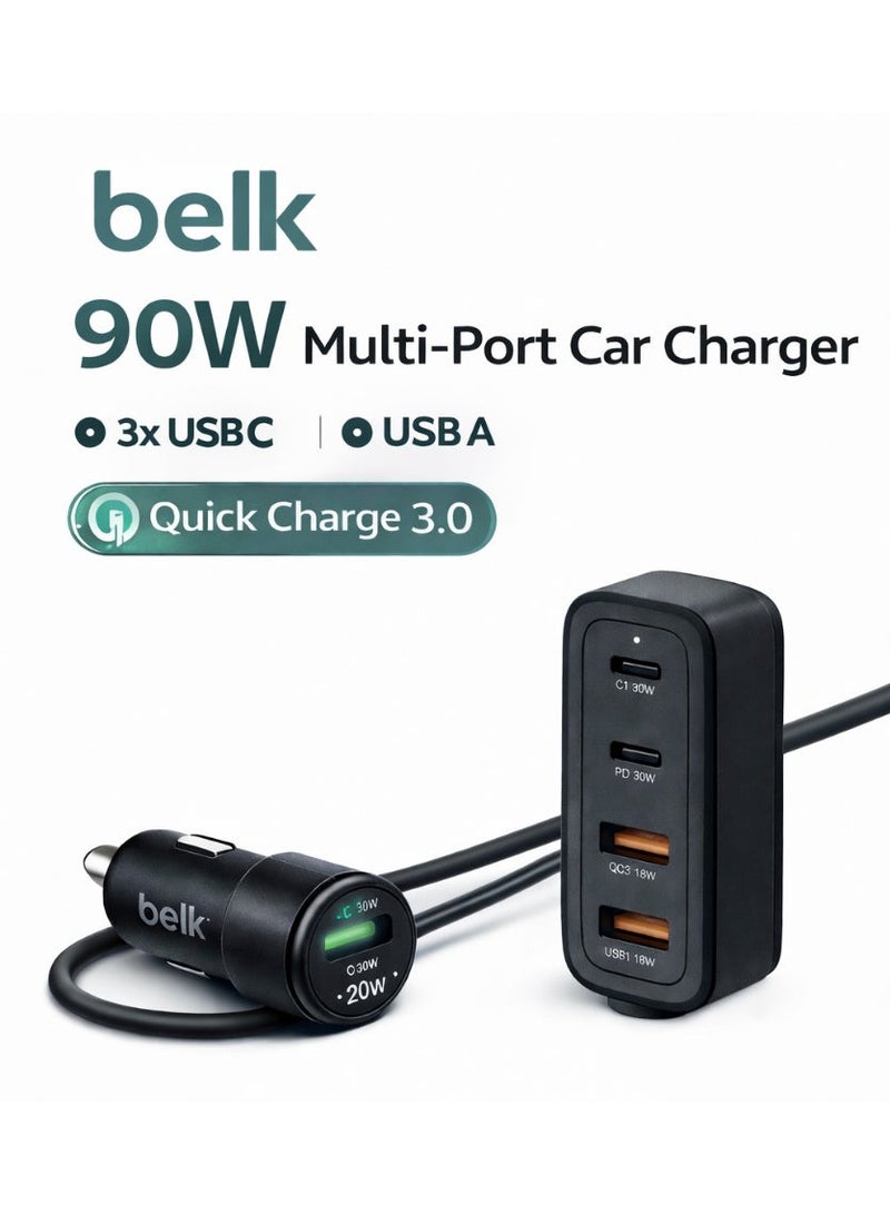 بيلك شاحن سيارة بيلك 90 واط، شحن سريع، منفذ USB-C ومنفذ USB-A، شحن سريع 3.0، شاحن هاتف سيارة عالمي - Image 1