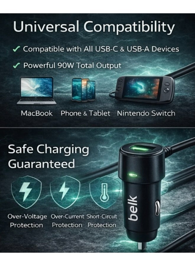 بيلك شاحن سيارة بيلك 90 واط، شحن سريع، منفذ USB-C ومنفذ USB-A، شحن سريع 3.0، شاحن هاتف سيارة عالمي - Image 2