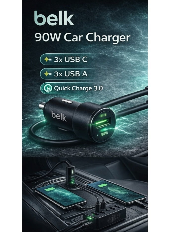 بيلك شاحن سيارة بيلك 90 واط، شحن سريع، منفذ USB-C ومنفذ USB-A، شحن سريع 3.0، شاحن هاتف سيارة عالمي - Image 4