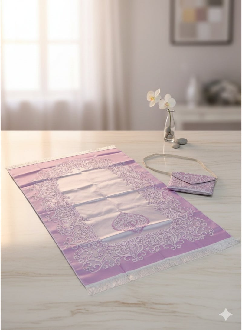 سجادة صلاة فاخرة مع حقيبة حمل مطابقة، بتصميم زخرفي كلاسيكي ناعم - طقم صلاة للسفر والهدايا متعدد الاشكال والالوان - Image 1