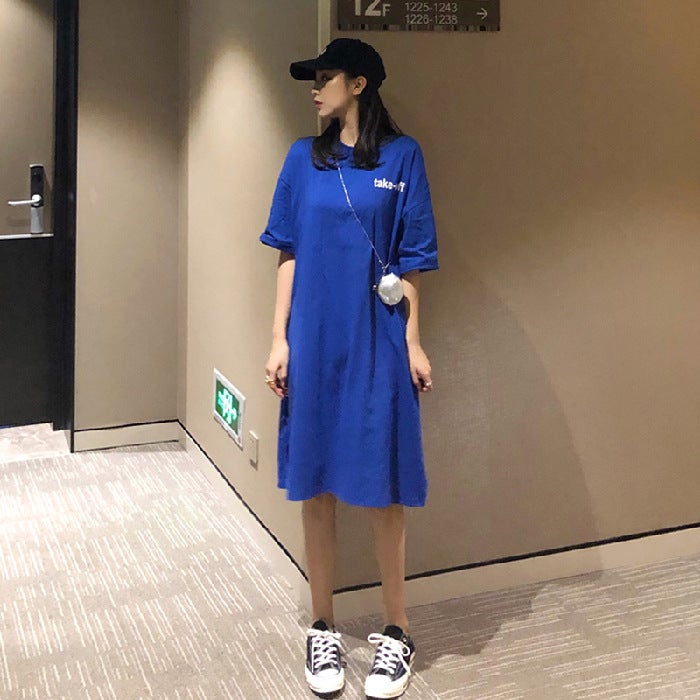 Summer ins Korean-style Sports-style Loose Casual Dress Belly-covering Large Size Womens Short-sleeved Long Over-the-knee T-shirt Dress Blue - Image 1