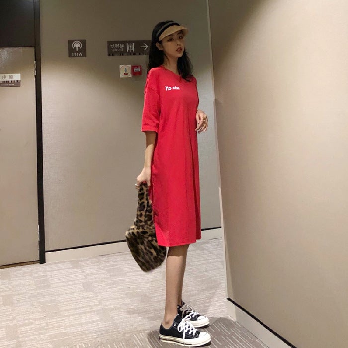 Summer ins Korean-style Sports-style Loose Casual Dress Belly-covering Large Size Womens Short-sleeved Long Over-the-knee T-shirt Dress Blue - Image 2