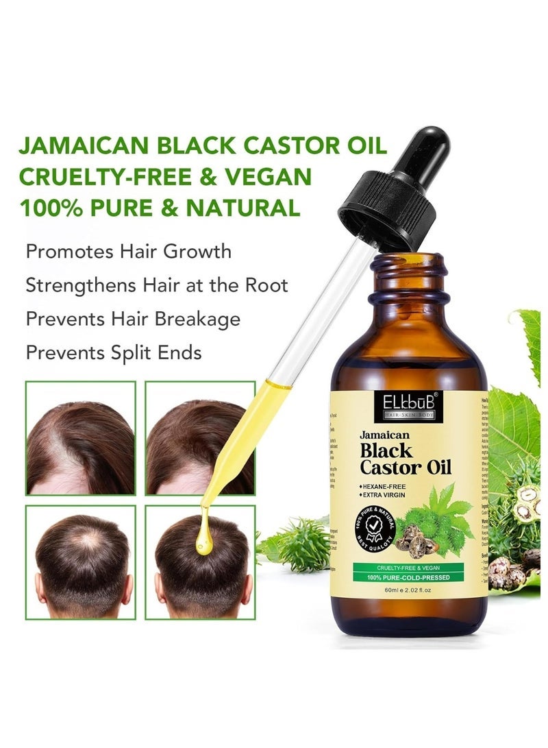 ELBBUB 60ml Jamaican Black Cold Pressed Castor Oil for Hair and Skin Care Eyelashes and Eyebrows Hair Loss & Dry Damaged Hair Nourishment Scalp Stimulates Hair Growth for Men & Women - Image 2