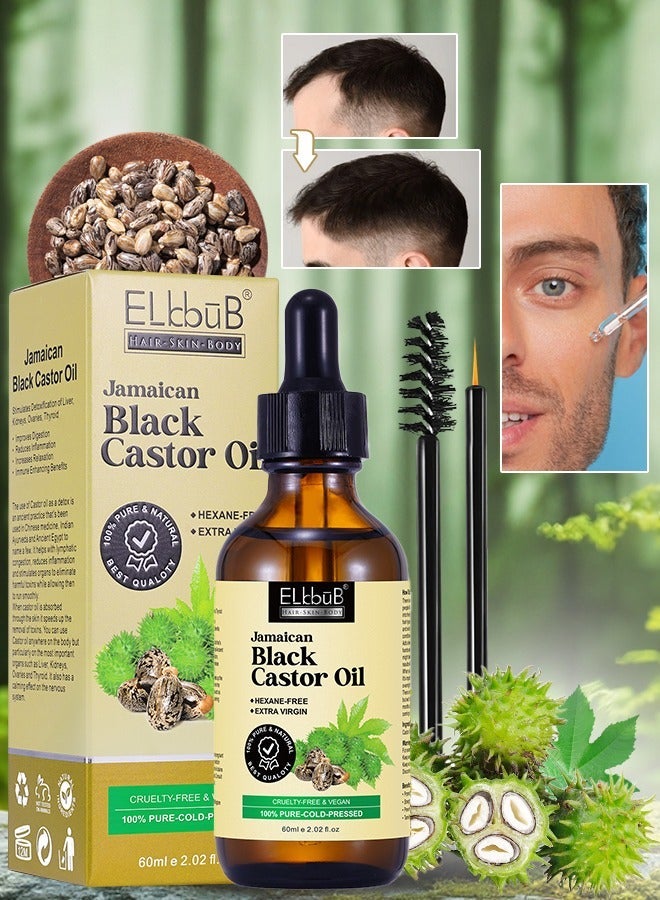 ELBBUB 60ml Jamaican Black Cold Pressed Castor Oil for Hair and Skin Care Eyelashes and Eyebrows Hair Loss & Dry Damaged Hair Nourishment Scalp Stimulates Hair Growth for Men & Women - Image 1