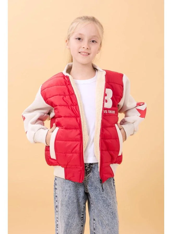 Perendi Girl's Plush-Lined Quilted College Jacket – Red