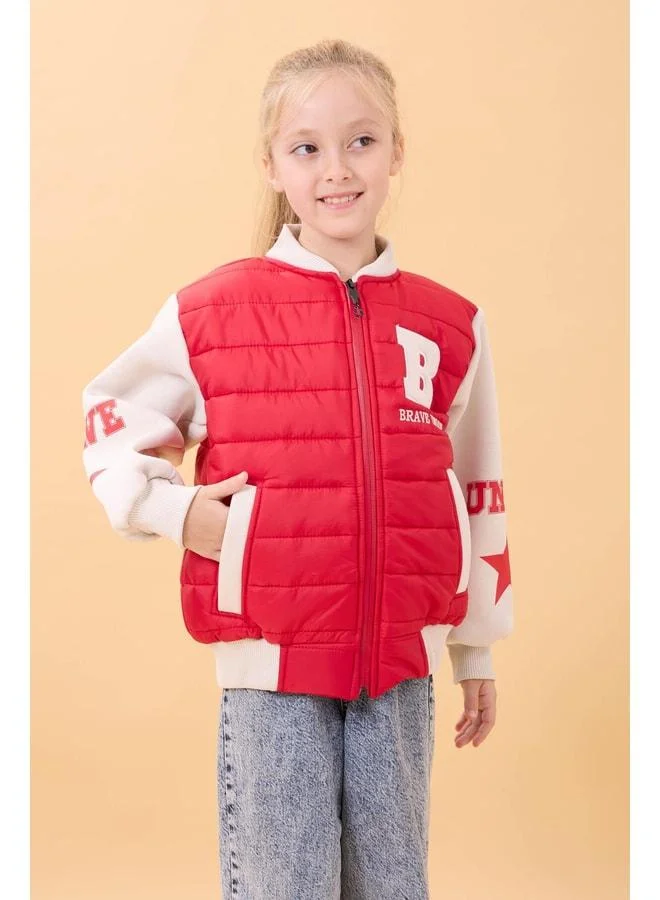 Perendi Girl's Plush-Lined Quilted College Jacket – Red