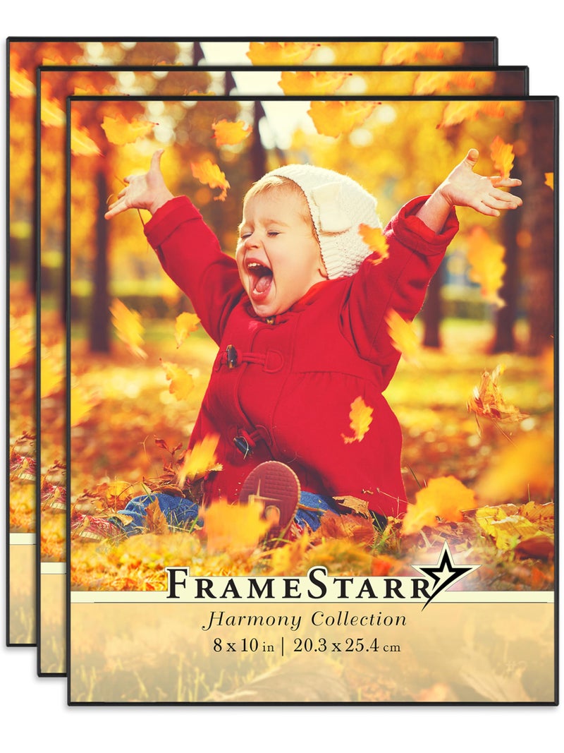 FrameStarr 8x10 Picture Frame Set Black 3 Pack FrontLoading Contemporary Modern Style Tabletop or Wall Mount Harmony Collection