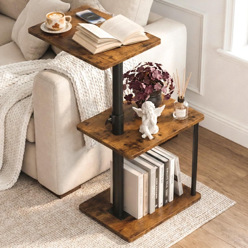 Faesun 360Â° Swivel Side Table for Height Adjustable, C Shaped End Table for Couch with Storage, 3-Tier Night Stand with Open Shelf, Tv Tray for Small Spaces, Living Room, Bedroom, Rustic Brown - Image 1