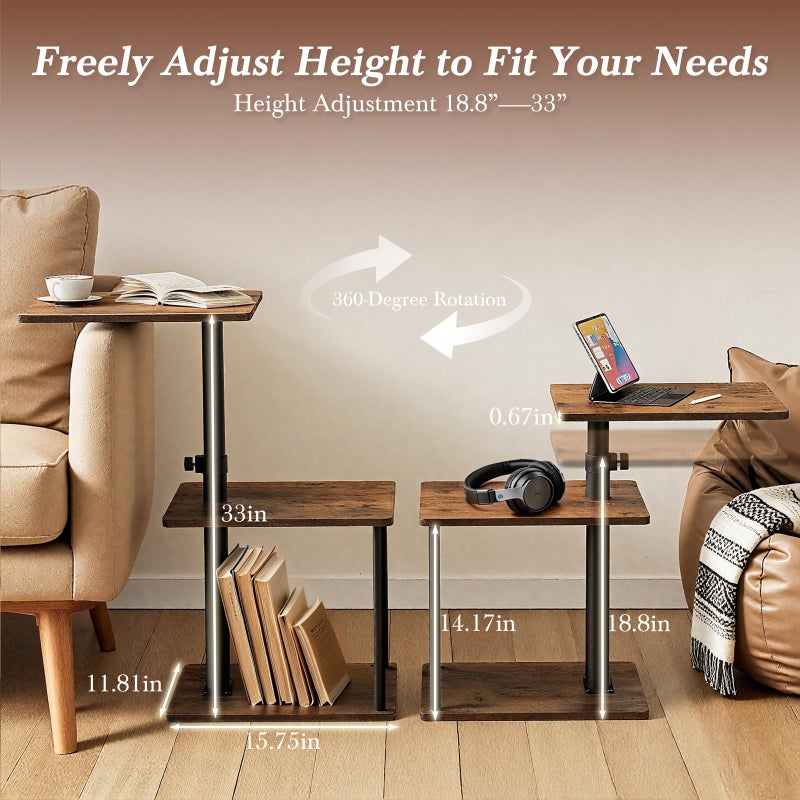 Faesun 360Â° Swivel Side Table for Height Adjustable, C Shaped End Table for Couch with Storage, 3-Tier Night Stand with Open Shelf, Tv Tray for Small Spaces, Living Room, Bedroom, Rustic Brown - Image 2