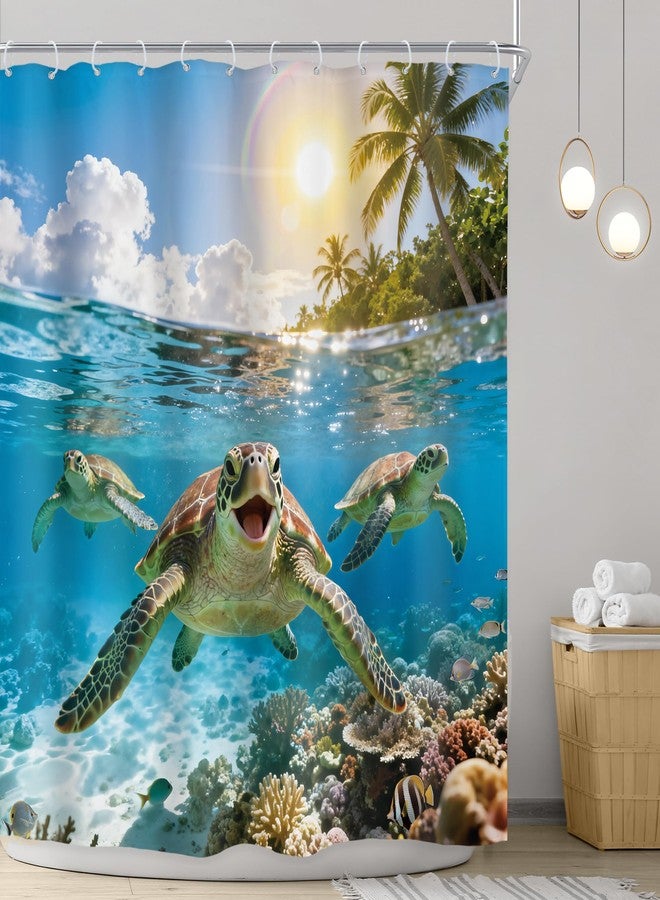 Riyidecor Funny Sea Turtle Shower Curtain 72Wx72H Inch Summer Ocean Underwater Tropical Coral Scenery Coastal Seaside Sunshine Palm Tree Hawaii Bathroom Decor Fabric Polyester Waterproof 12 Pack Hooks - Image 2