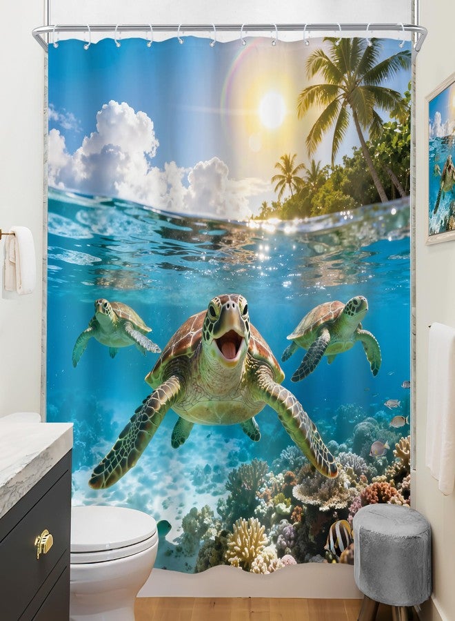 Riyidecor Funny Sea Turtle Shower Curtain 72Wx72H Inch Summer Ocean Underwater Tropical Coral Scenery Coastal Seaside Sunshine Palm Tree Hawaii Bathroom Decor Fabric Polyester Waterproof 12 Pack Hooks - Image 4