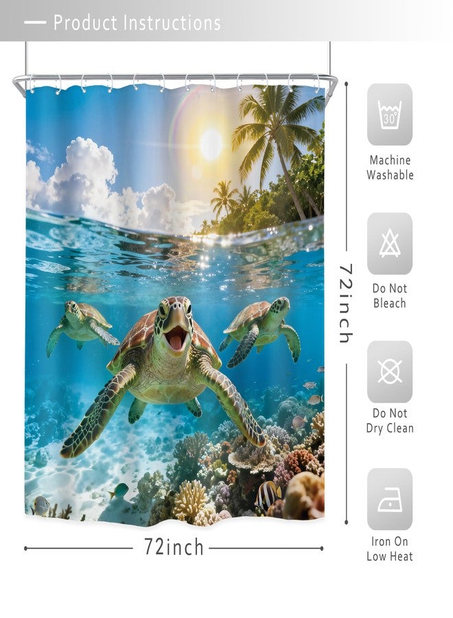 Riyidecor Funny Sea Turtle Shower Curtain 72Wx72H Inch Summer Ocean Underwater Tropical Coral Scenery Coastal Seaside Sunshine Palm Tree Hawaii Bathroom Decor Fabric Polyester Waterproof 12 Pack Hooks - Image 5