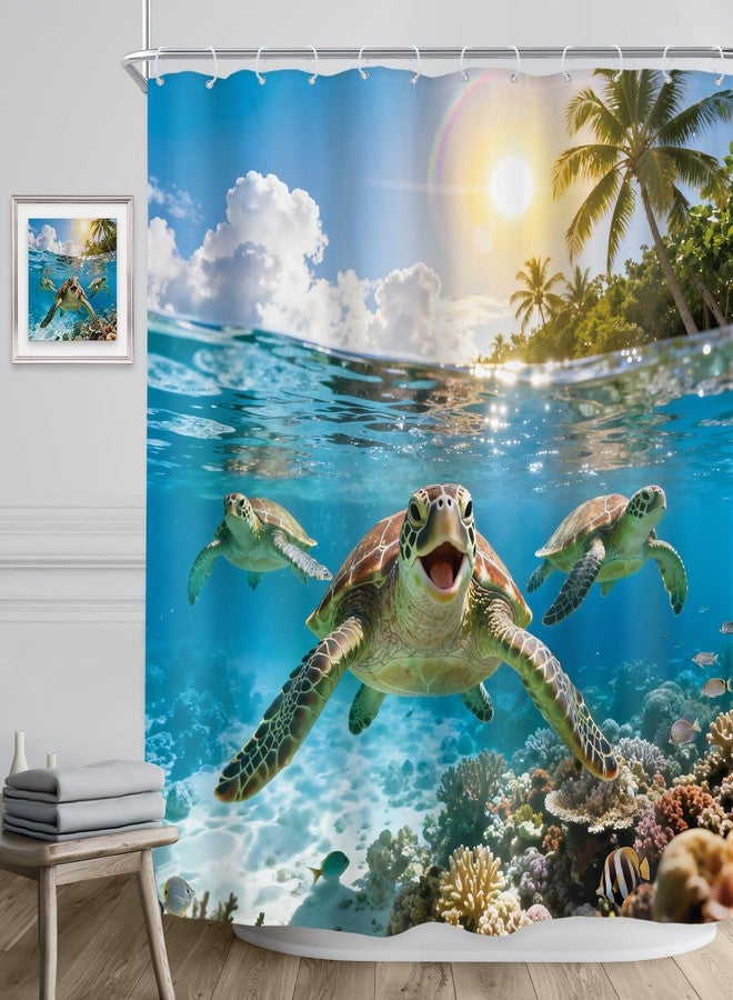 Riyidecor Funny Sea Turtle Shower Curtain 72Wx72H Inch Summer Ocean Underwater Tropical Coral Scenery Coastal Seaside Sunshine Palm Tree Hawaii Bathroom Decor Fabric Polyester Waterproof 12 Pack Hooks - Image 3