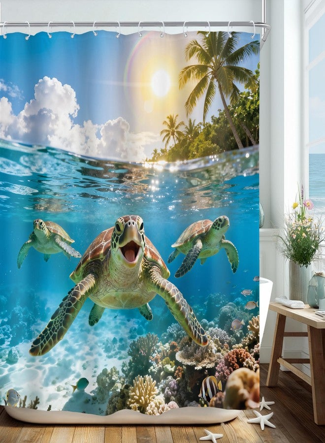 Riyidecor Funny Sea Turtle Shower Curtain 72Wx72H Inch Summer Ocean Underwater Tropical Coral Scenery Coastal Seaside Sunshine Palm Tree Hawaii Bathroom Decor Fabric Polyester Waterproof 12 Pack Hooks - Image 1