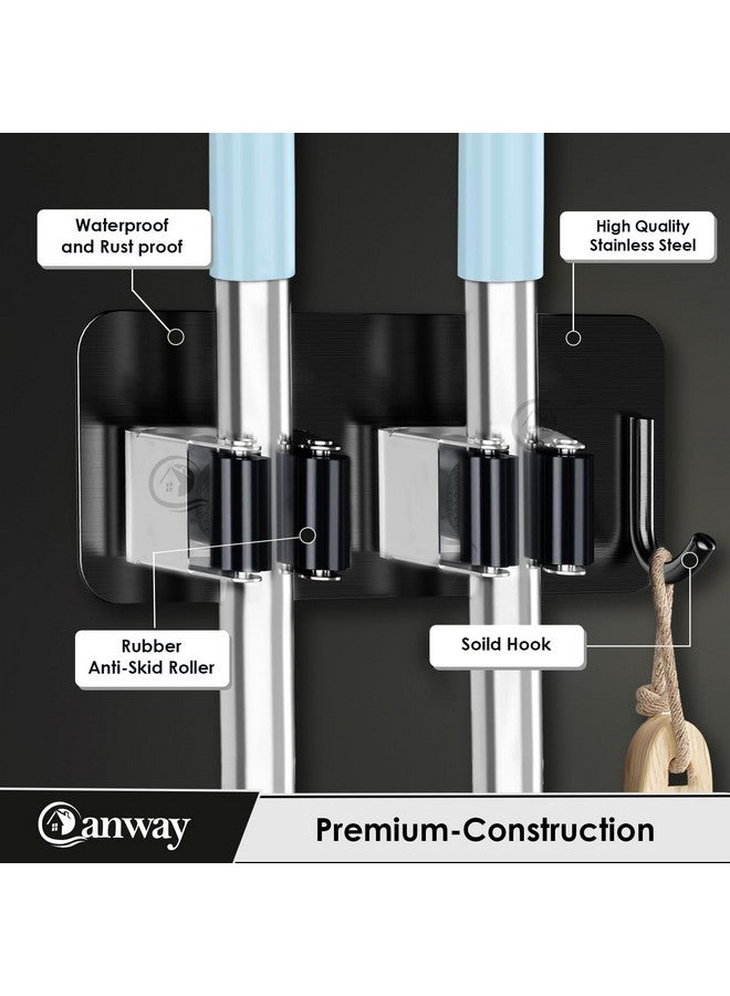 CANWAY® (Black Stainless Steel 2 Racks with 1 Hook Heavy Duty Wall Mounted Broom and Mop Stick Holder, Hanging Tools for Home Kitchen Garden Laundry Garage Pack of 1 - Image 3