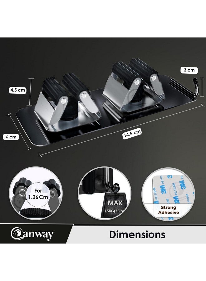 CANWAY® (Black Stainless Steel 2 Racks with 1 Hook Heavy Duty Wall Mounted Broom and Mop Stick Holder, Hanging Tools for Home Kitchen Garden Laundry Garage Pack of 1 - Image 2