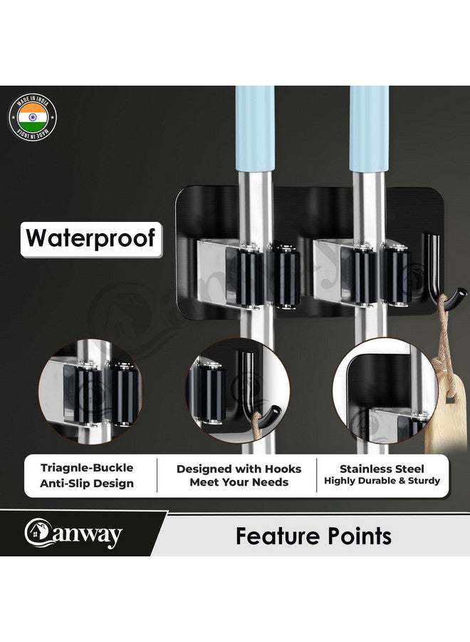 CANWAY® (Black Stainless Steel 2 Racks with 1 Hook Heavy Duty Wall Mounted Broom and Mop Stick Holder, Hanging Tools for Home Kitchen Garden Laundry Garage Pack of 1 - Image 4