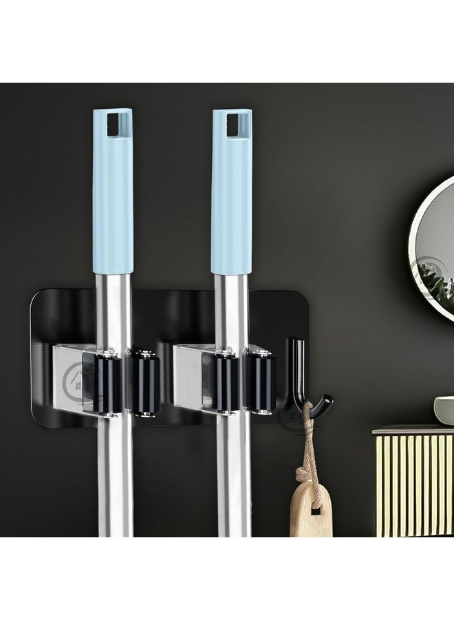 CANWAY® (Black Stainless Steel 2 Racks with 1 Hook Heavy Duty Wall Mounted Broom and Mop Stick Holder, Hanging Tools for Home Kitchen Garden Laundry Garage Pack of 1 - Image 1