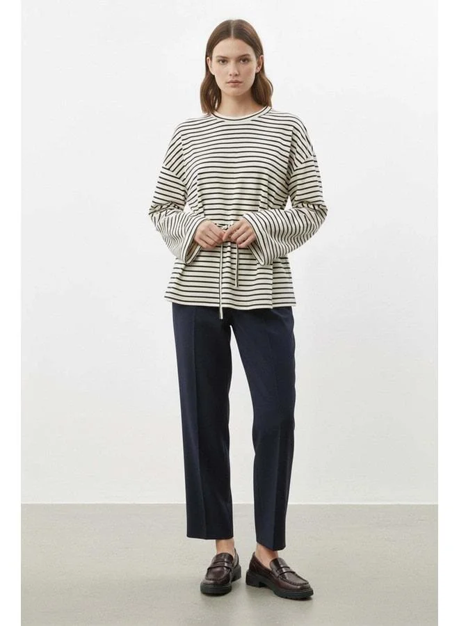 Soul Women's Long Sleeve Striped Waist-Tie Relaxed Fit Tunic-32484TUN - NAVY.