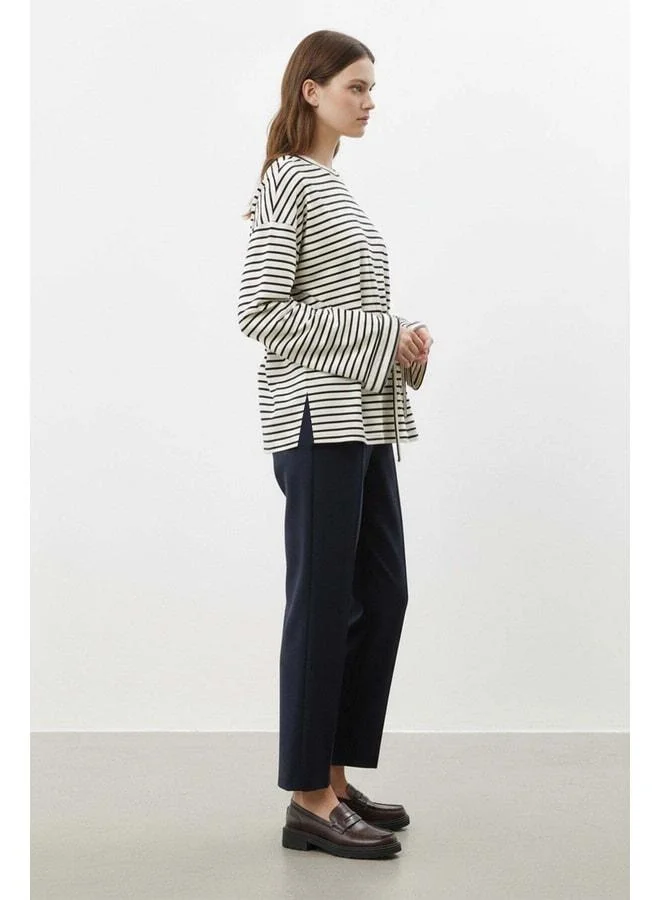 Soul Women's Long Sleeve Striped Waist-Tie Relaxed Fit Tunic-32484TUN - NAVY.